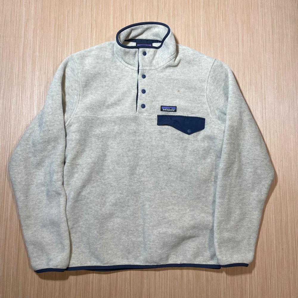 Patagonia Synchilla Snap-T Pullover Womens Oatmeal Grey Navy Blue Fleece S
